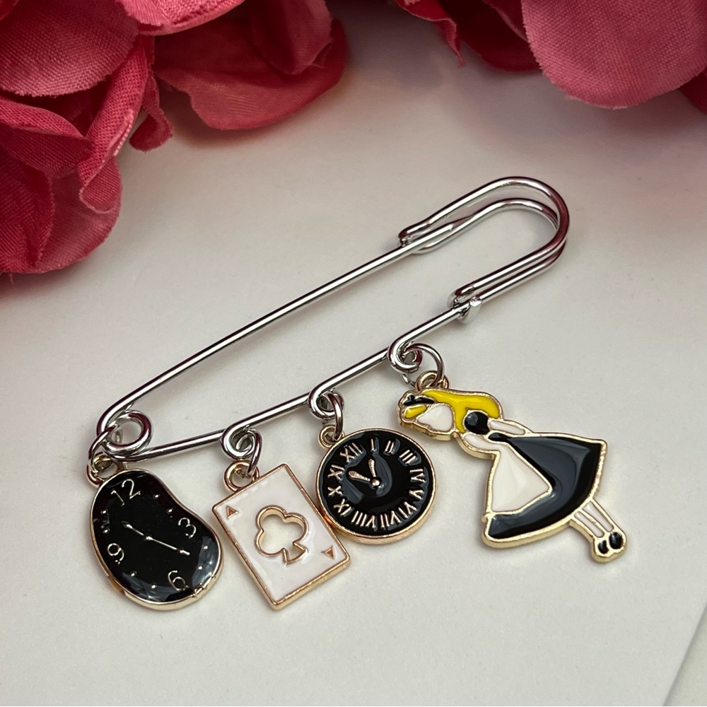 Alice in Wonderland Black & Silver Lapel Pin Brooch - Picture 6 of 14